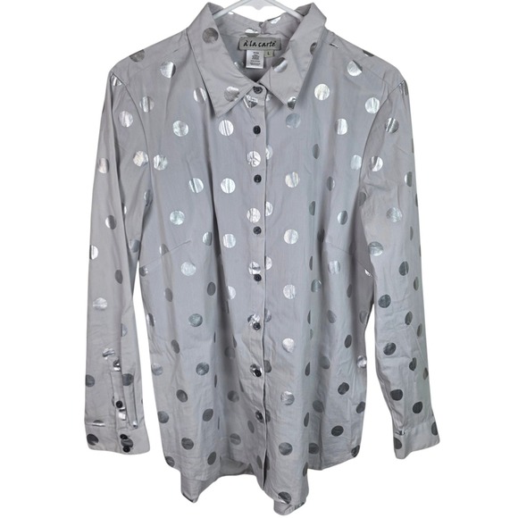 à la carte Tops - à‎ la carte Button Down Women L Grey Silver Excellent Metallic Polka Dot Shirt